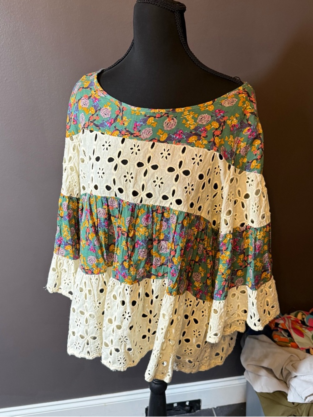 Umgee Green Floral Eyelet Tiered Boho Blouse